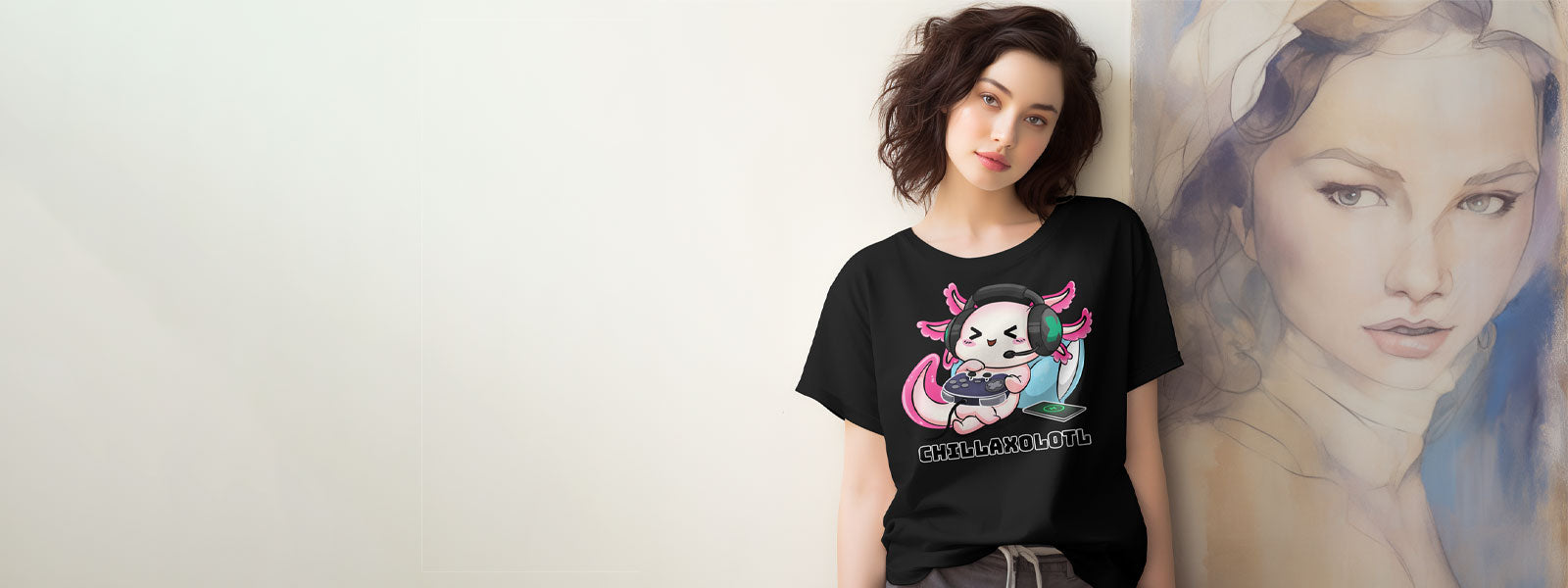 Female model wearing Axolotl Shirt - Gamerstopia Carousel Hero Image 1
