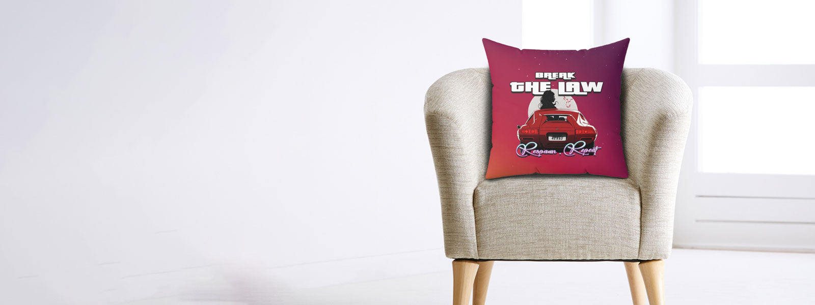 GTA Inspired pillow displayed on a chair - Gamerstopia Carousel Hero Image 2